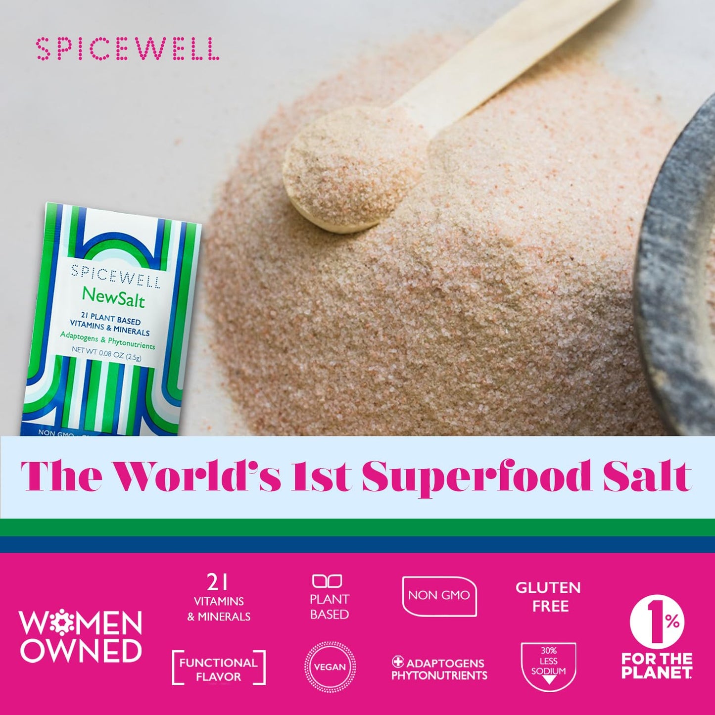 Spicewell Himalayan Pink Salt with 21 Plant-Based Vitamins, 2.64 oz, 30% Lower Sodium, Healthy Seasoning