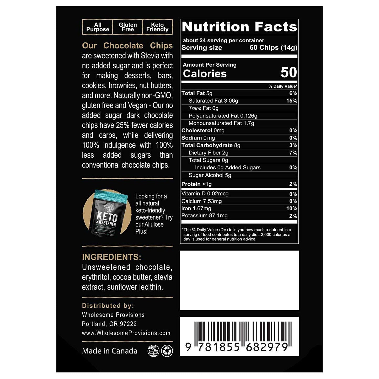 Wholesome Provisions Sugar Free Chocolate Chips, Stevia Sweetened, 12 oz, Vegan, Keto, Gluten Free, Non-GMO, Pack of 3