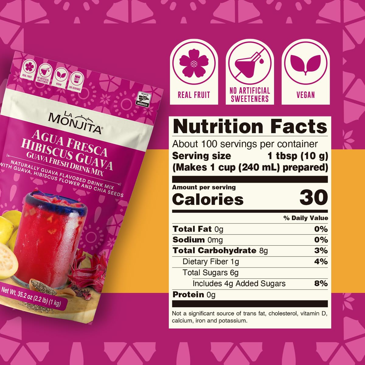 La Monjita Agua Fresca Hibiscus Guava - Mexican Agua de Jamaica Naturally Flavored Drink Mix with Hibiscus, Guava, and Chia Seed