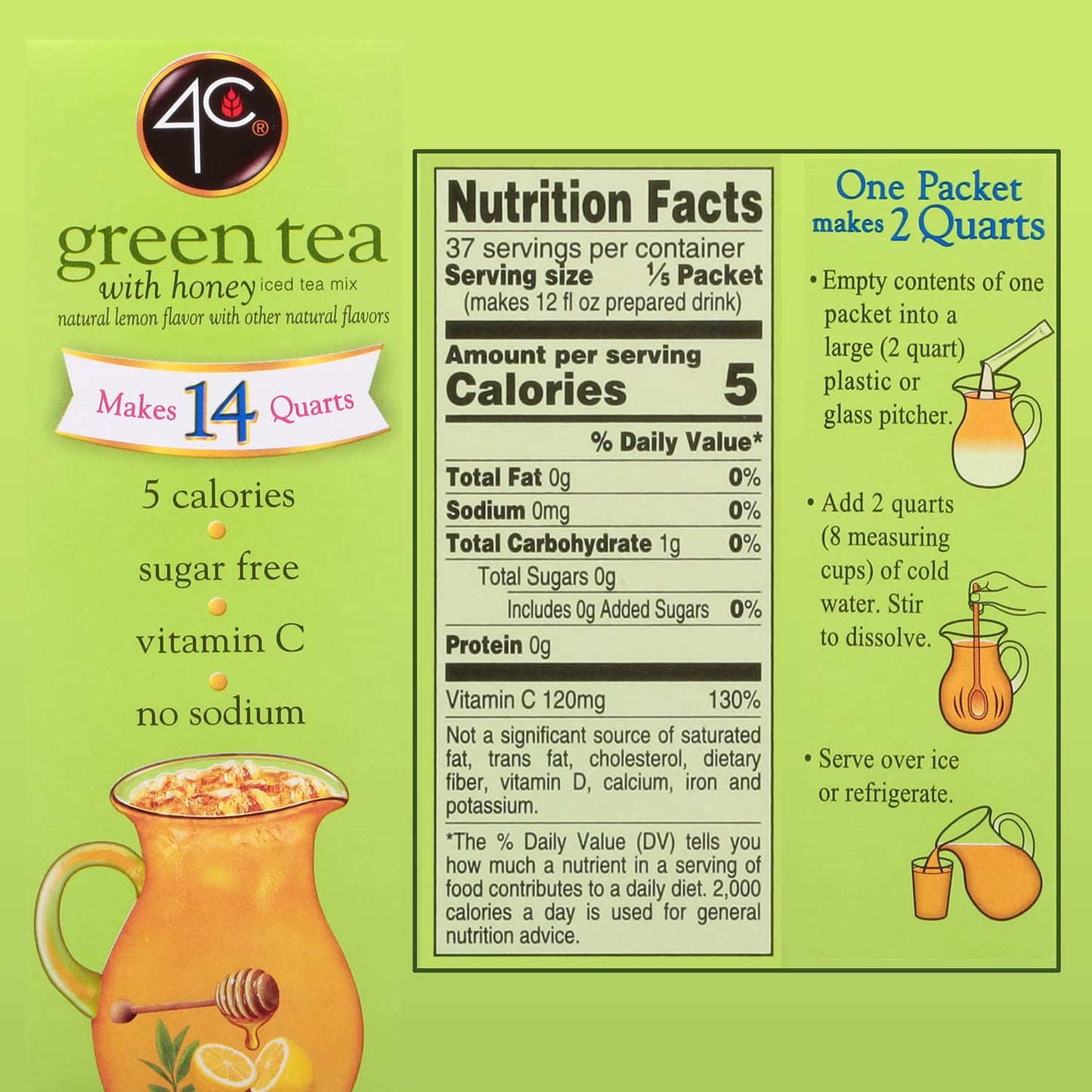 4C Green Tea Pitcher Packs, 8 Pack Sugar Free Drink Mix, Makes 14 Quarts, Refreshing Water Flavoring, 2 Quarts Each Packet