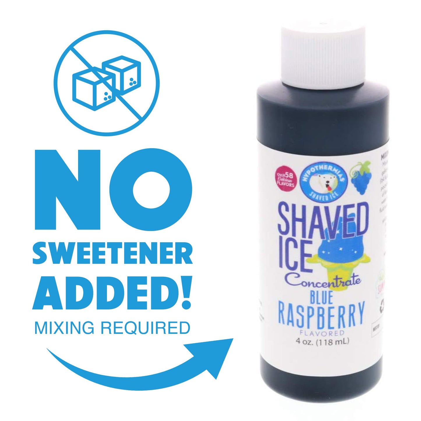 Hypothermias Shaved Ice And Snow Cone Syrup Unsweetened Flavor Concentrate - 4 Fl. Oz - Makes 1 Gallon Of Syrup - Blue Raspberry
