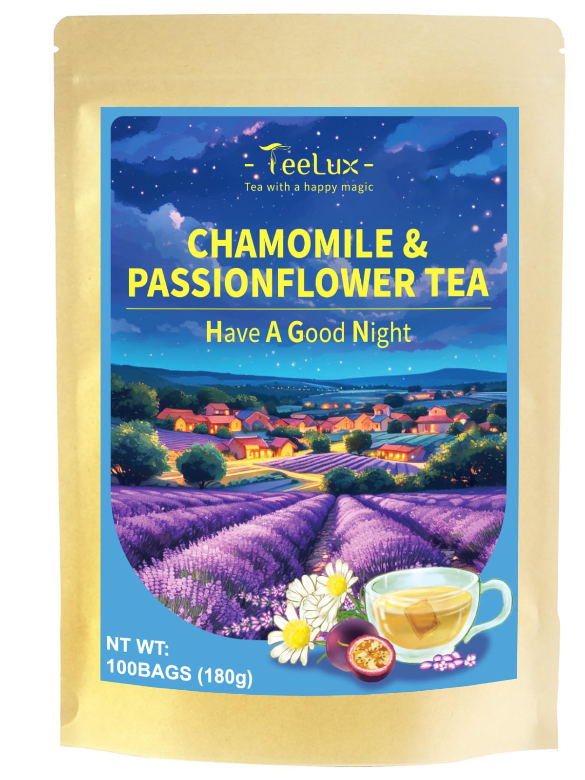 Teelux Chamomile Passionflower Tea Energy Blend Free Tea With Lemon Balm Spearmint Valerian Root Lavender Soothing & Smooth Taste 100 Count