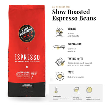 Caffe Vergnano 1882 Espresso Whole Bean Arabica Roast Coffee, 2.2 Lb Bag - Italian Medium Roast Coffee Beans With Notes Of Choco