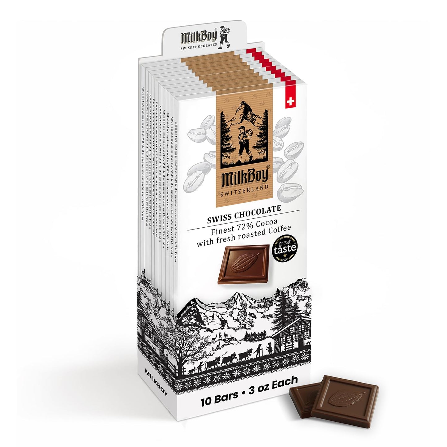 Milkboy Swiss Chocolates Dark Chocolates With Coffee - 72% Cocoa - Gourmet Dark Chocolate Bars - Made In Switzerland - Gluten Free - Sustainably Farmed - Non Gmo - Vegan - 3 Oz Pack 10