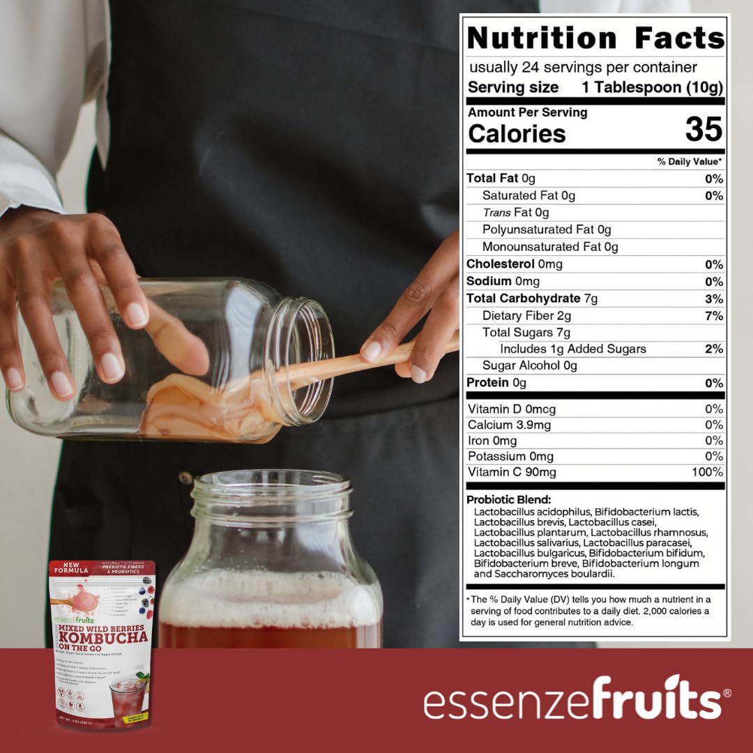 Essenzefruits Red Berries Kombucha Tea Powder Mix Beverage - Sugar Free, Fermented & Dried - Just Add Water! Live Probiotics & P