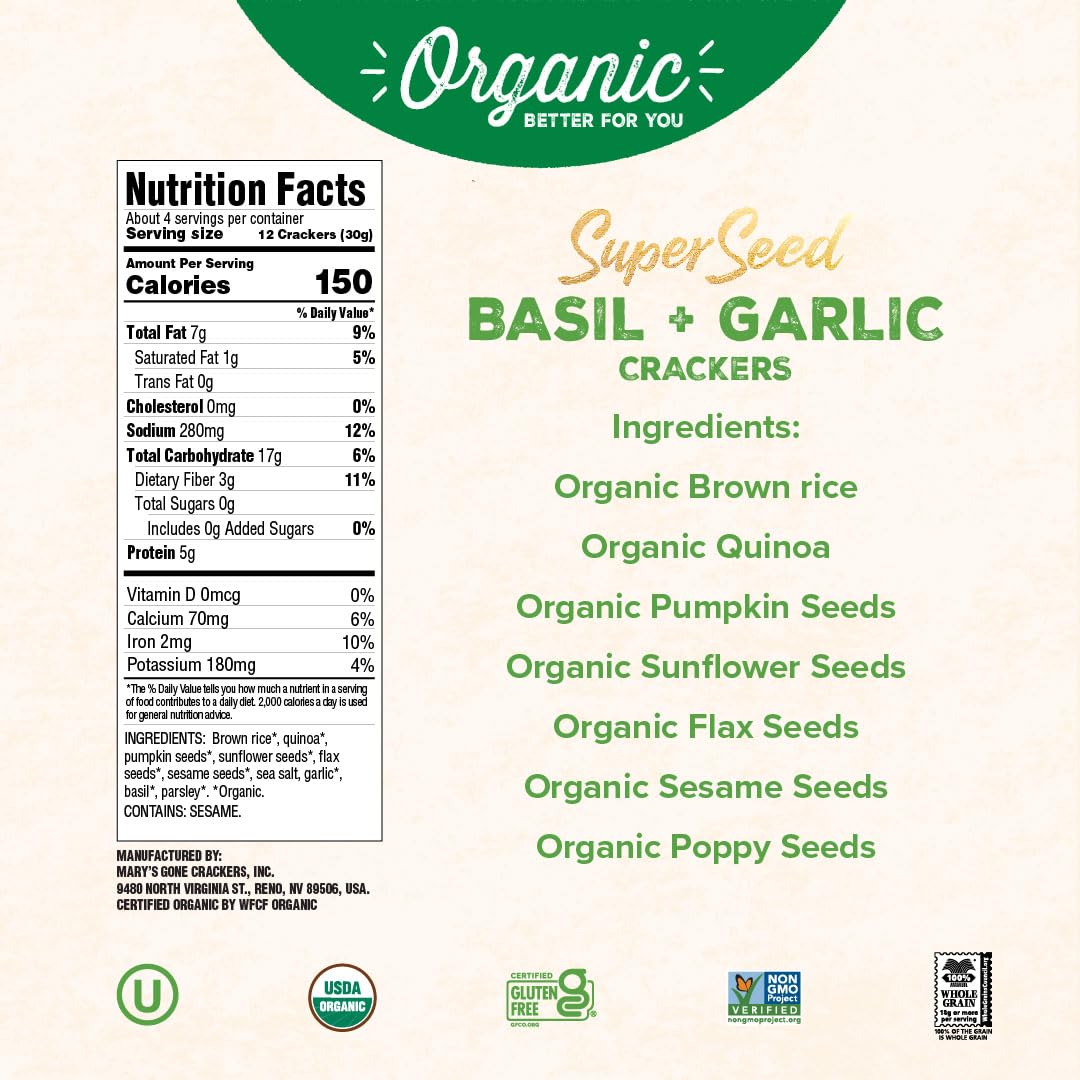 Marys Gone Crackers Super Seed Crackers, Basil & Garlic, 4 Ounce (Pack of 6), Organic Plant Based Protein, Gluten Free