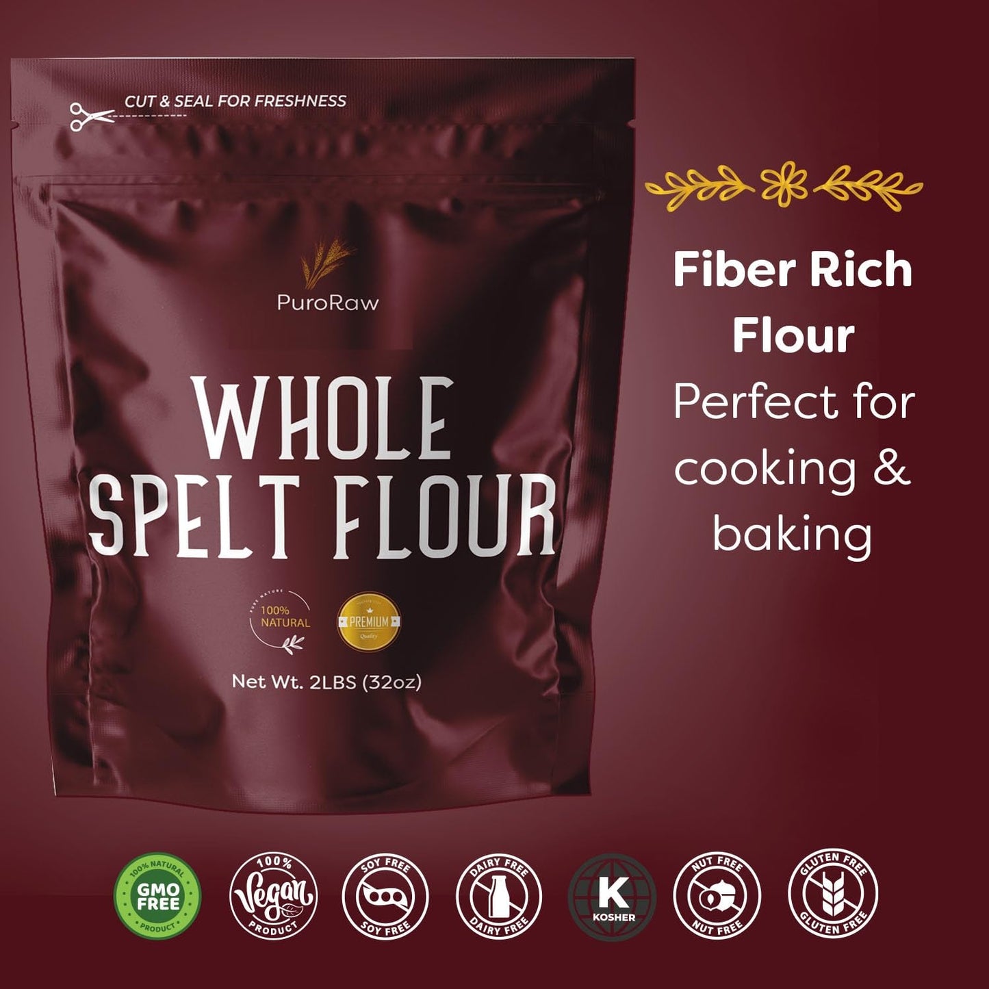 PuroRaw Whole Grain Spelt Flour, Non-GMO, 32 Ounce (2lbs), All Natural, Product of Canada