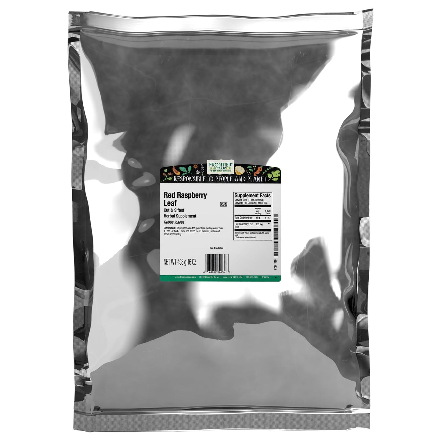 Frontier Co-op Red Raspberry Leaf, Cut & Sifted Herb, Caffeine-Free, 1 lb Bulk Bag
