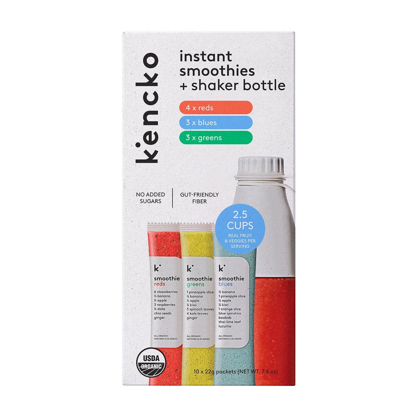 kencko Smoothie Mix Starter Kit - 10 Instant Breakfast Smoothies + Reusable Bottle - 100% Organic Fruit And Vegetable Superfoods
