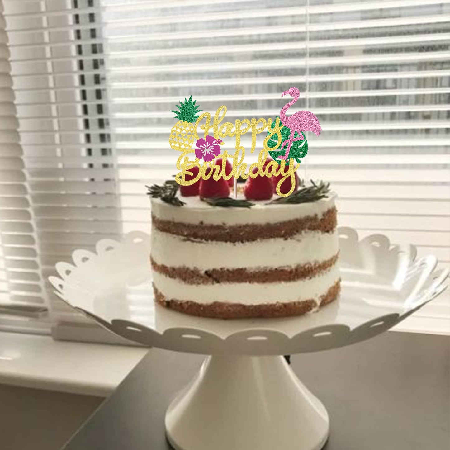 YCTHUNFISH Bamboo Happy Birthday Cake Topper - Flamingo & Palm Leaf Design for Tropical Parties