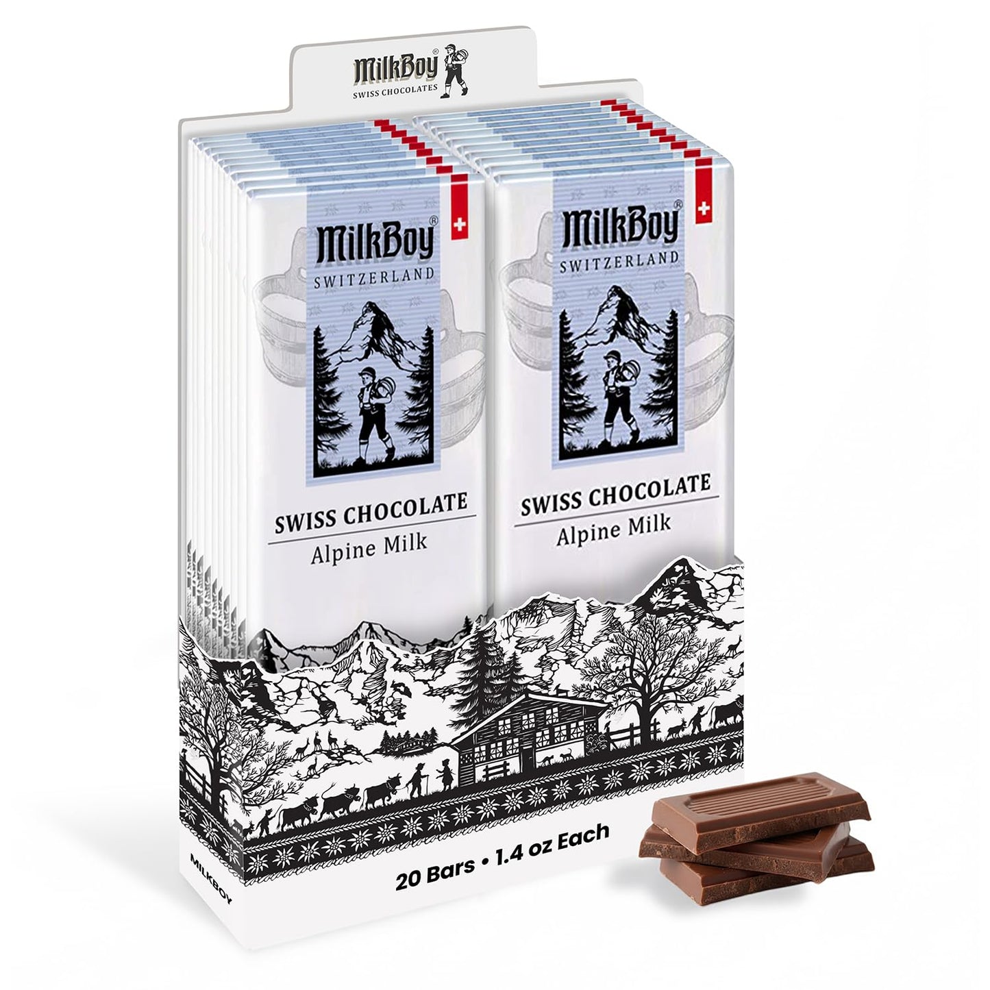 Milkboy Swiss Chocolates - Top-Grade Swiss Alpine Milk Chocolate Extra Creamy Milk Chocolate Snack Bar Size 1.4 Oz - Gmo Free (20 Pack)