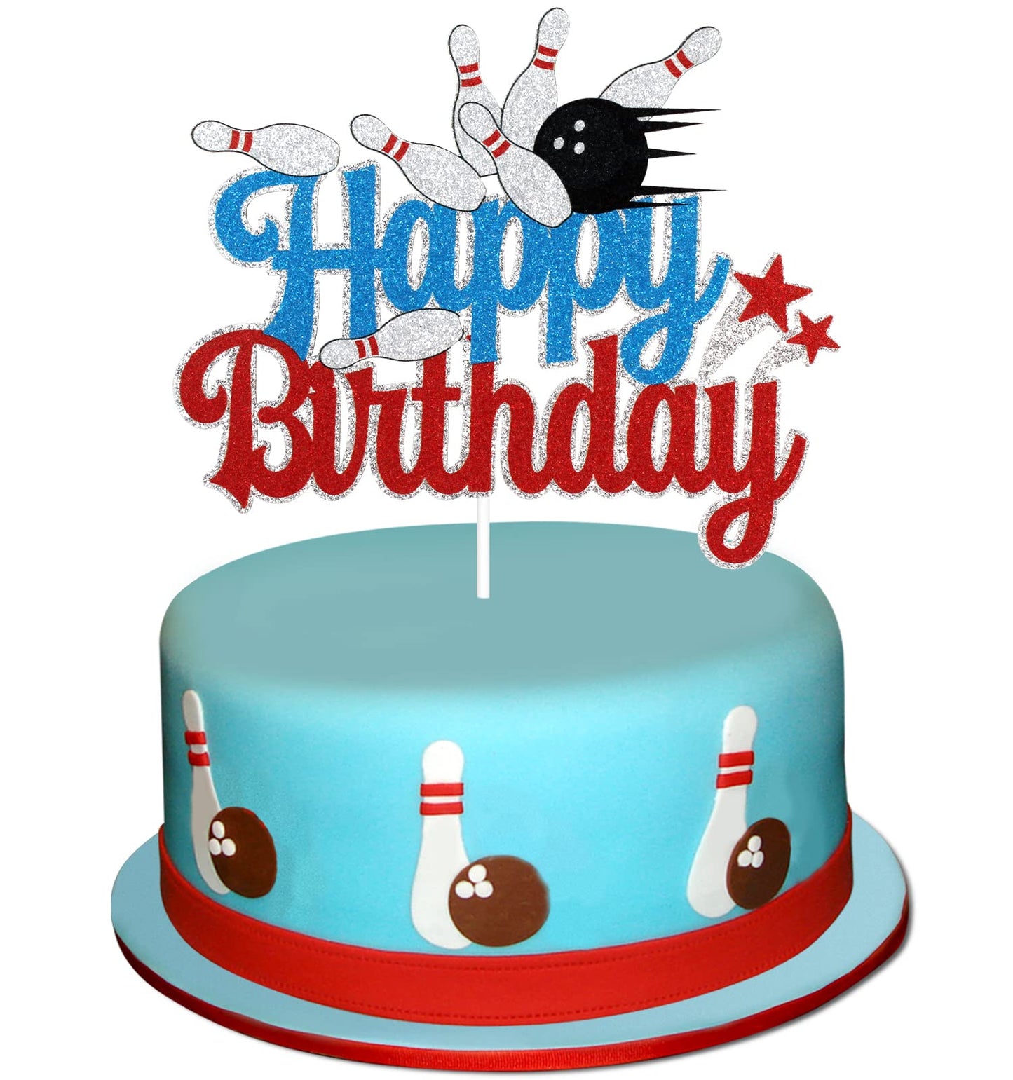 Bowling Happy Birthday Cake Topper - Sports Bowling Party Glitter Cake Topper For Boys - Game Day Party Bowling Alley Decoration
