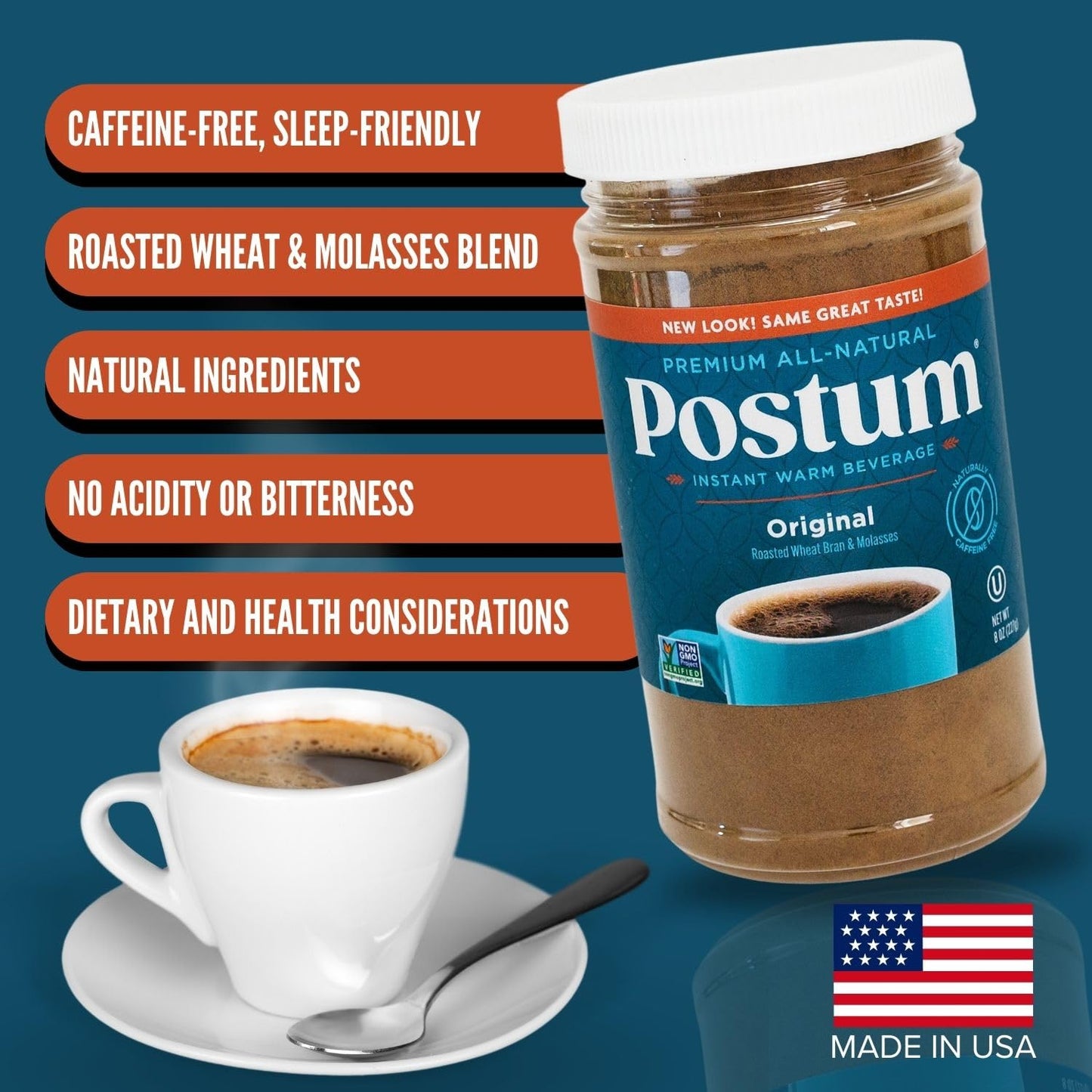 Postum Coffee Substitute Original (2x8oz) | Coffee Alternative Caffeine Free with Roasted Wheat Bran & Molasses | Natural Non-GMO Vegan Coffee Replacement Drink