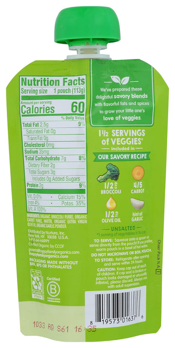 Happy Baby Organic Broccoli & Carrots With Olive Oil & Garlic Baby Food, 4 Oz
