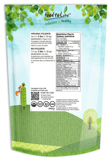 Food To Live Organic Yellow Polenta, 3 Pounds - Non-Gmo Yellow Corn Grits, Ground Cornmeal, Quick Cooking, Vegan, Kosher, Bulk,