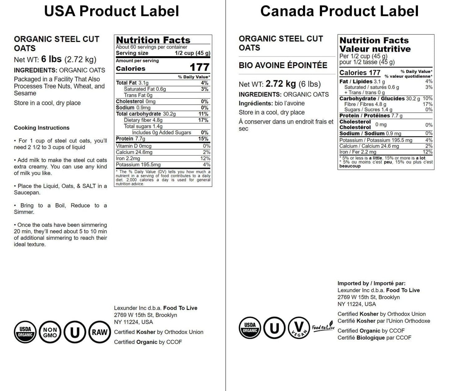 Food To Live Organic Steel Cut Oats, 6 Pounds — 100% Whole Grain Irish Oats, Quick Cooking Oatmeal, Non-Gmo Cereal, Non-Irradiated, Vegan, Bulk, Product Of The Usa