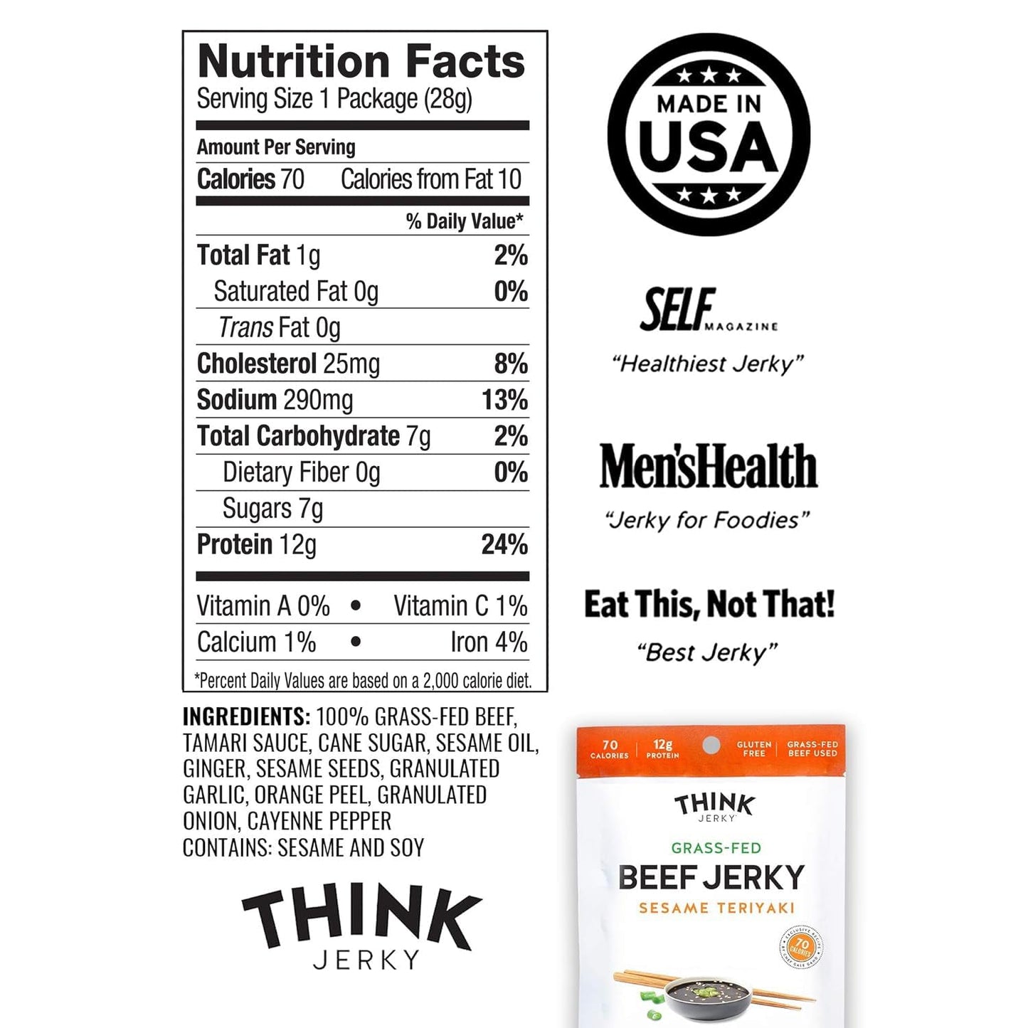 Think Jerky Sesame Teriyaki Beef Jerky, Grass-Fed, Gluten Free, Low Calorie, 1 oz Bags, 8 Pack