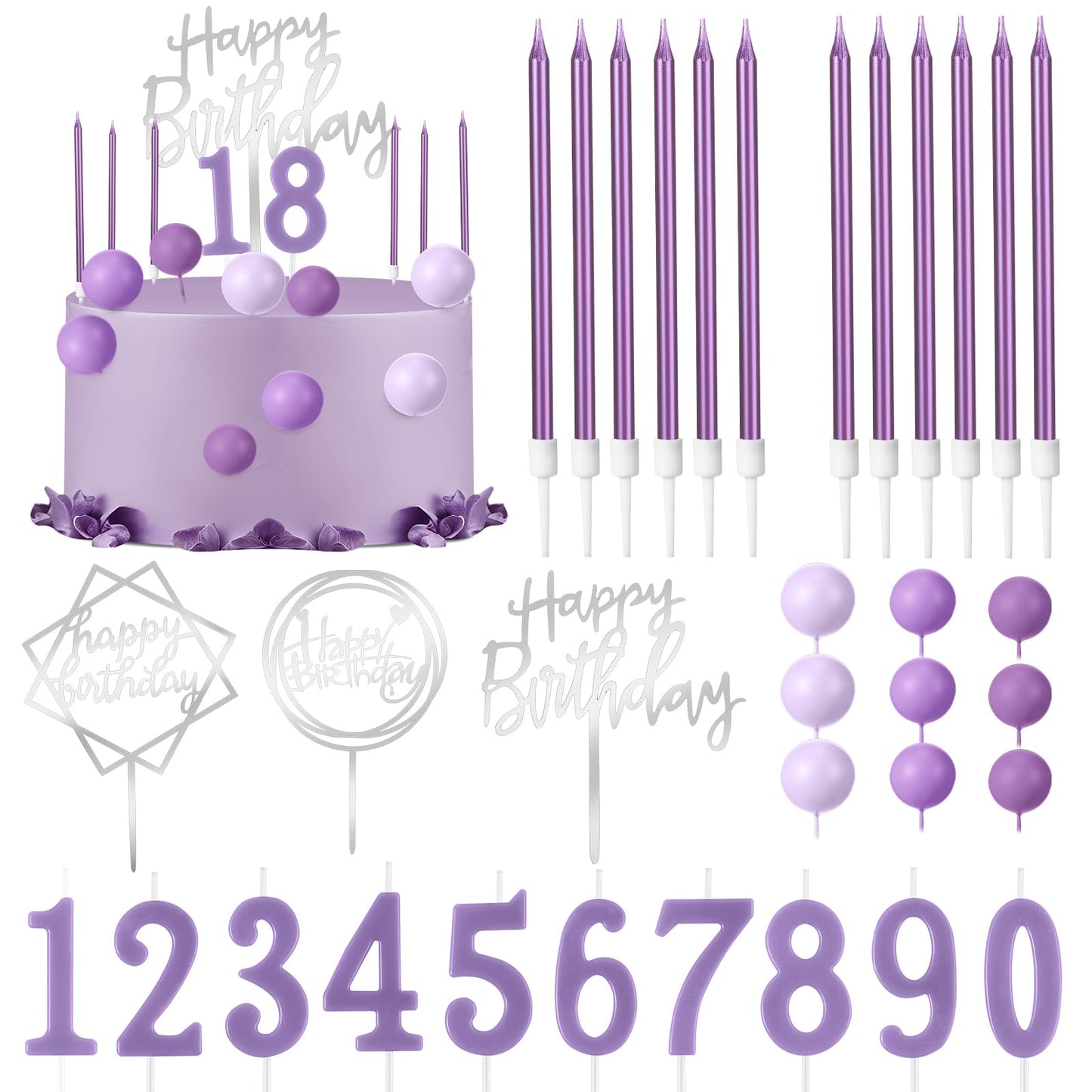 Yerliker 34 Pcs Happy Birthday Cake Toppers Decorations Birthday Candles Diy Cake Decor For Men Women Wedding Anniversary(Purple
