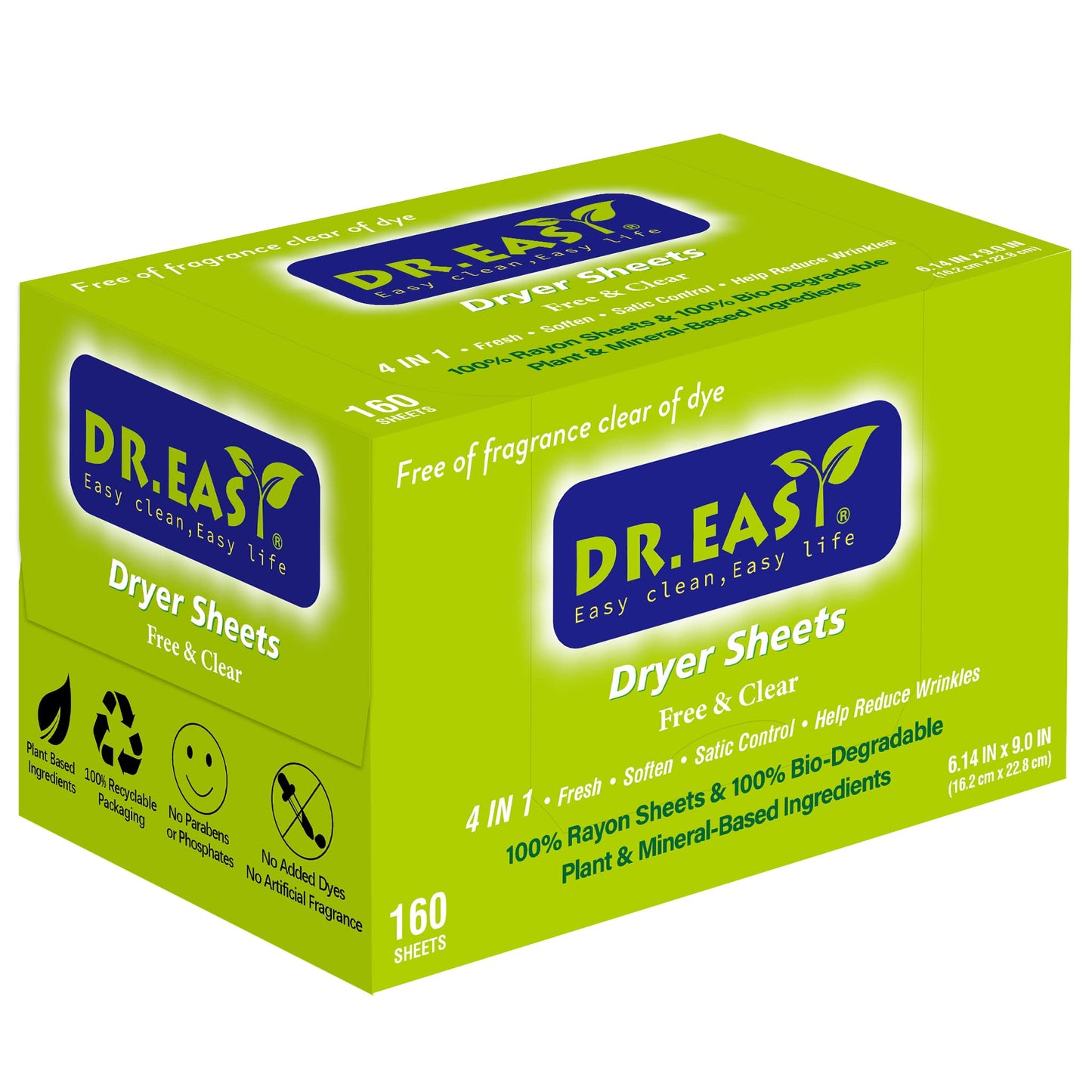 Dr.Easy Dryer Sheets Free & Clear Plant Based All Ingredients For Sensitive Skin 160 Ct 100% Rayon Fabric Softener Sheet Unscent