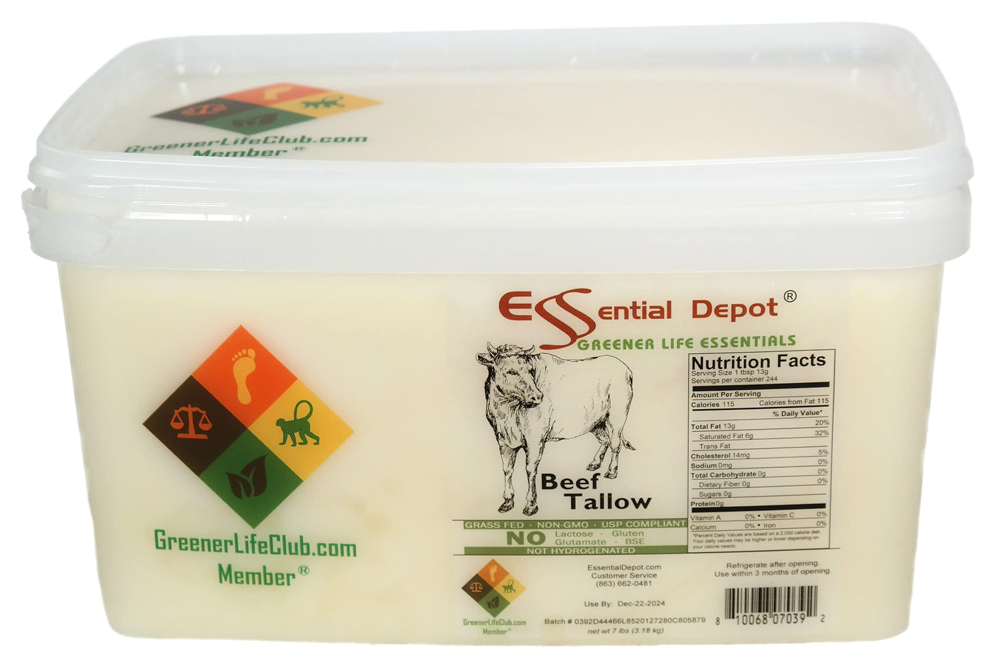 Beef Tallow - 7 Lbs In A Pp Pail - Grass Fed - Non-Gmo - Keto Friendly - Food Grade - Free From Lactose-Gluten-Glutamate-Bse - Pp Microwavable Container, Resealable Lid & Removable Handle