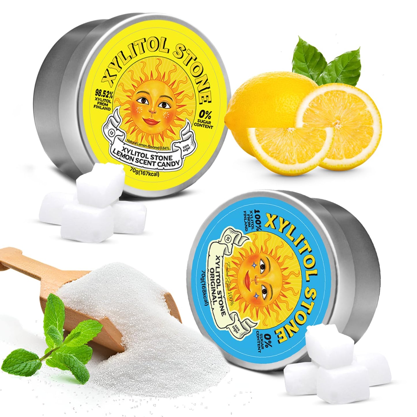 Xylitol Stone Sugar Free Candy - Vegan & Keto Friendly Unique Hard Candy - 100% Natural Flavor Candies - Gluten Free & Non-Gmo Breath Freshener Low Calorie Mints - Pack Of 2 (Oriflavor Blendal Lemon)