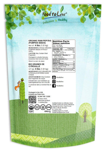 Organic Raw Pepitas, 4 Pound - Non-Gmo, Pumpkin Seed Kernels, Unsalted, No Oil, No Shell, Vegan, Kosher, Bulk. Keto Snack. High In Protein, Essential Fatty Acids. Great For Baking, And As A Topping