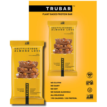 Trubar Vegan Protein Bar, Saltylicious Almond Love, Gluten Free, Plant Based, High Fiber, Dairy Free, Low Fat, Non Gmo, No Sugar S, 12G Lean Protein, 13G Fiber, Healthy Snack Bars, 12 Ct