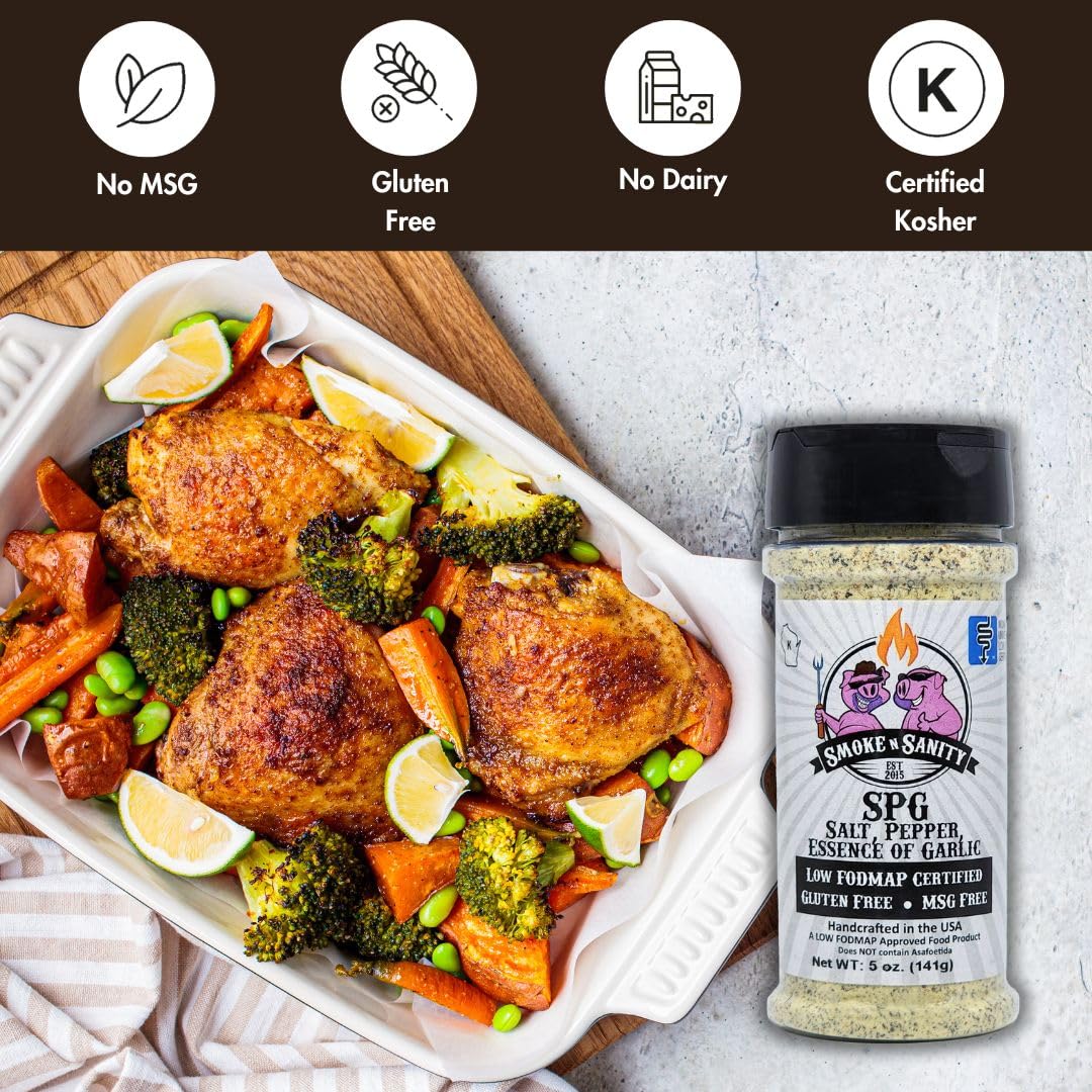 Smoke N Sanity - Spg (Salt, Pepper, Essence Of Garlic Salt) Seasoning, Monash Certified Low Fodmap, Gluten Free, Kosher, Dairy F