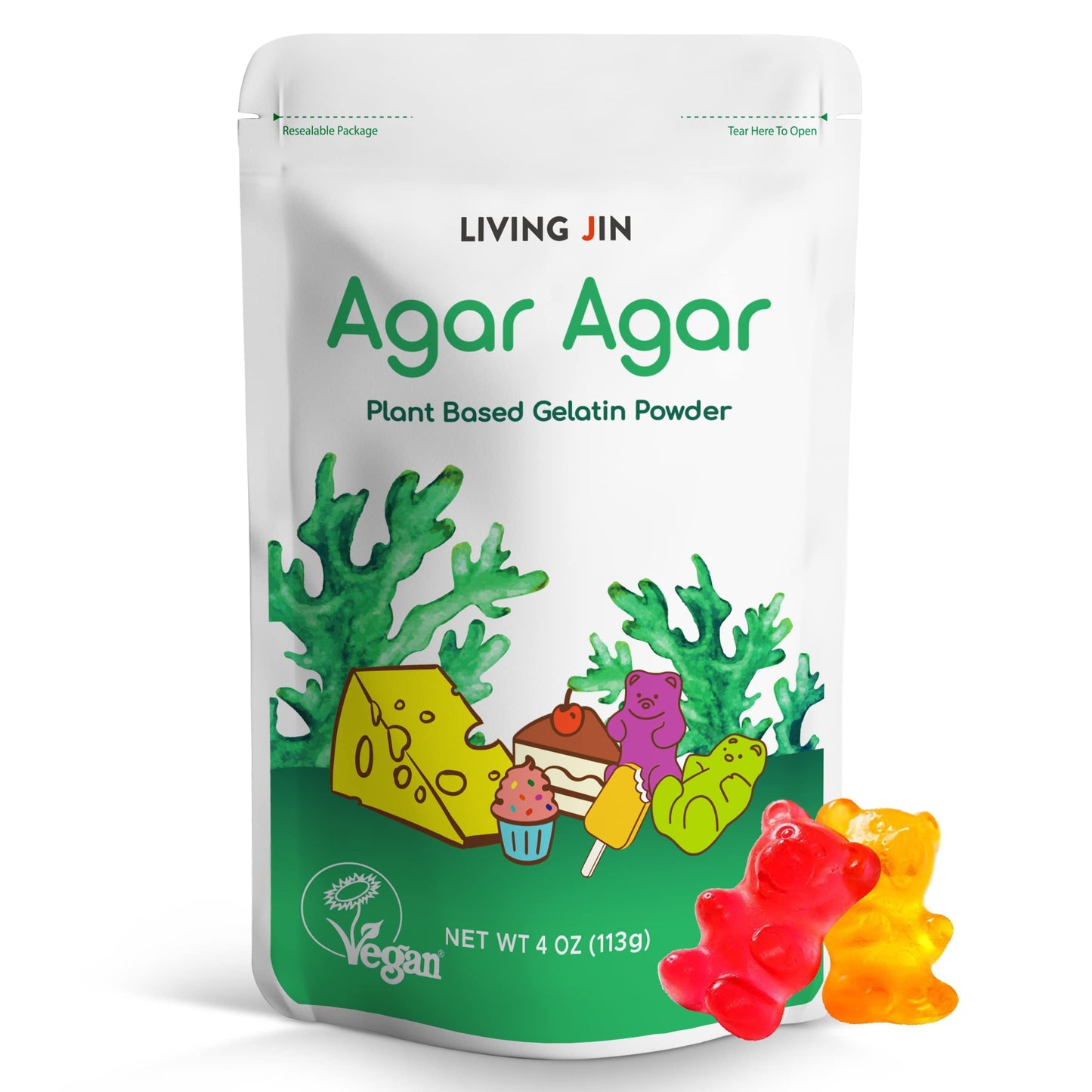 LIVING JIN Agar Agar Powder - Vegan Gelatin Substitute, Gluten-free, Non-GMO, 4oz