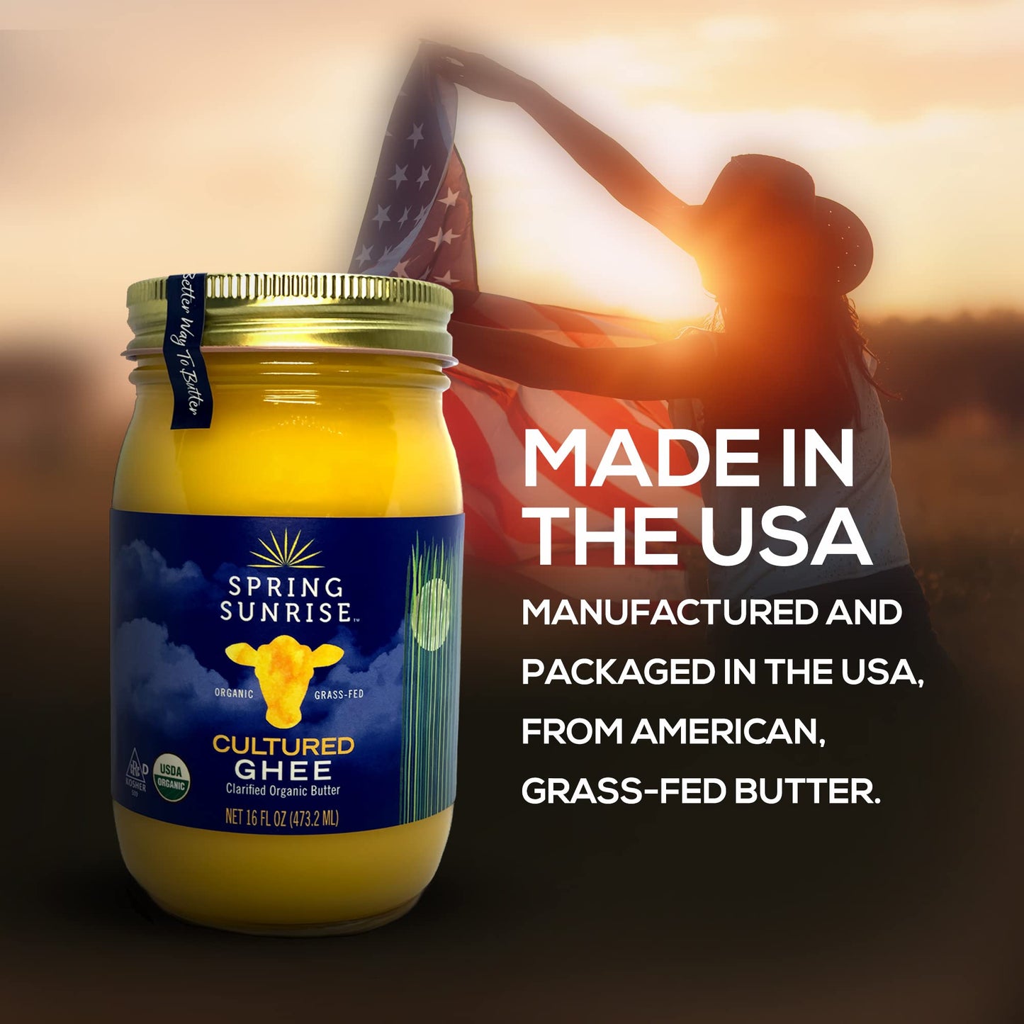 Spring Sunrise Grass Fed Organic Cultured Ghee - USDA Certified Clarified Butter - Keto & Paleo Friendly Non-GMO Gluten & Lactose Free Cooking Oil - Sustainably Sourced 16 oz Jar