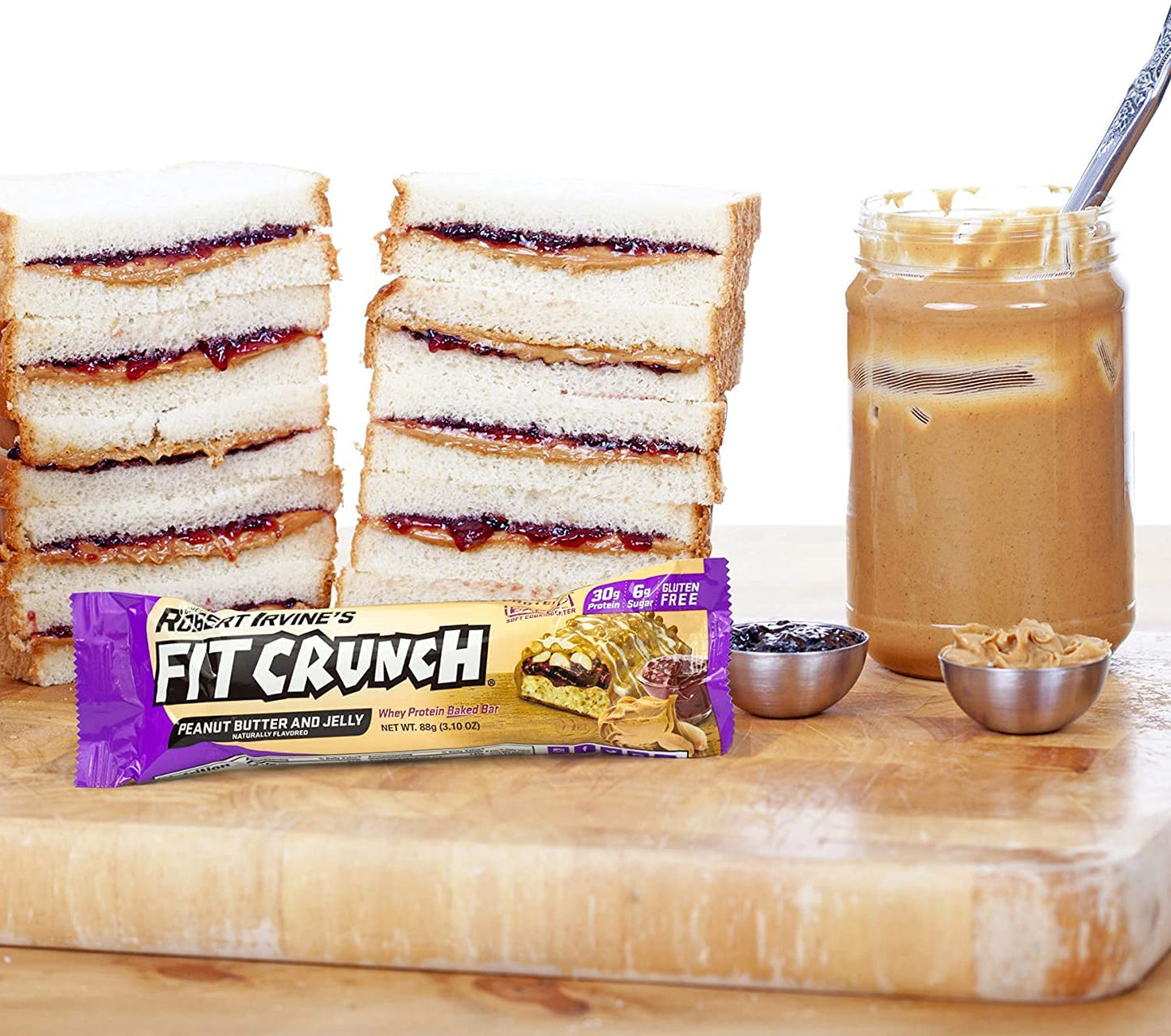 FITCRUNCH Snack Size Protein Bars, 6-Layer Baked Bar, 1g of Sugar, Gluten Free & Soft Cake Core (18 Bars, Peanut Butter and Jell