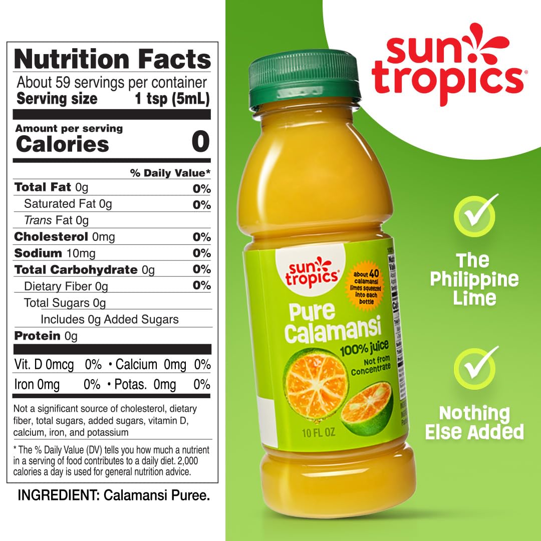 Sun Tropics Pure Calamansi 100% Juice- 4 pack 10 oz each | 100% Pure Juice Not From Concentrate | Refreshing Citrus Juice for Drinks Cocktails Cooking Recipes & More | No Added Sugar No Preservatives