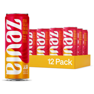 Zevia Zero Sugar Energy Drink, Mango Ginger, 12 oz Cans (12-Pack) - Naturally Sweetened, Zero Calorie Sugar Free Energy - Non-GM