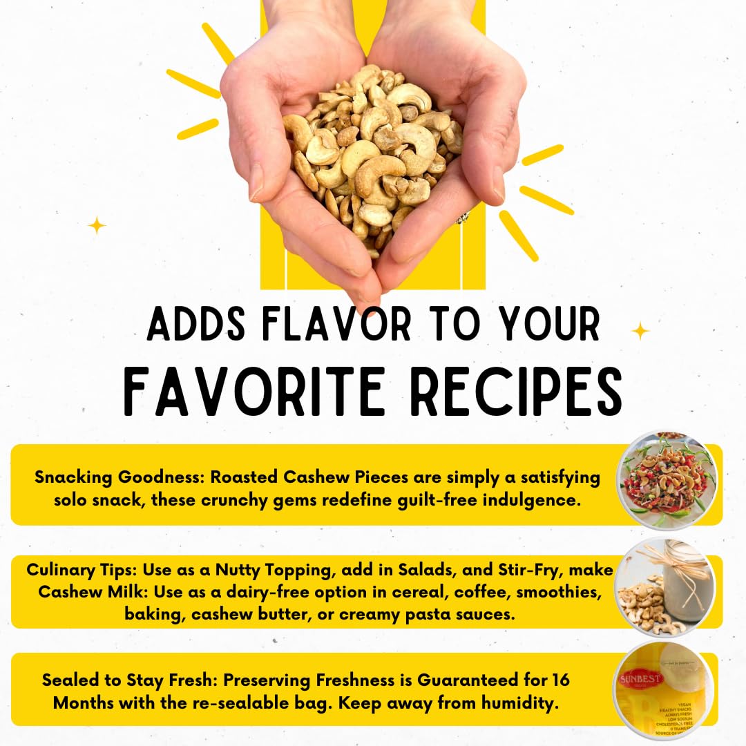 Sunbest Natural Dry-Roasted Cashew Pieces - 5 Lb Bulk Bag (80 Oz) - Unsalted, Low Sodium & Diet-Friendly - Kosher Certified Supe