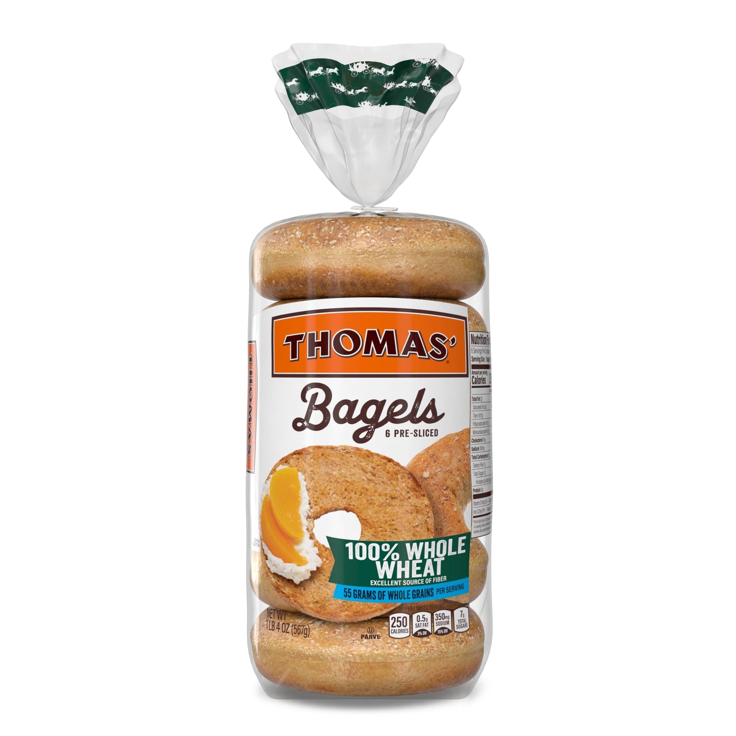 Thomas 100% Whole Wheat Bagels, 6 Pre-Sliced Bagels with No High Fructose Corn Syrup, 20 Oz