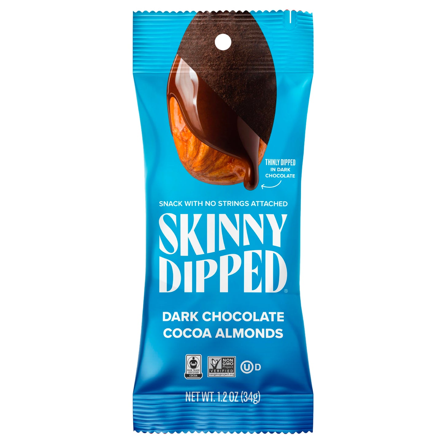 SkinnyDipped Dark Chocolate Cocoa Almonds Chocolate Covered Almonds Low Sugar Gluten Free Healthy Snack 1.2 Ounce Bags (Pack of 15)
