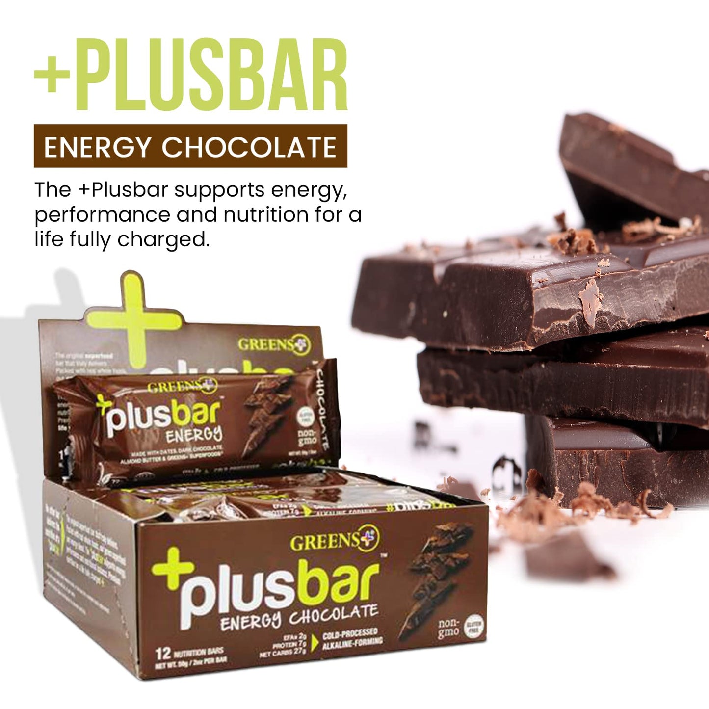 Greens+ Plusbar Energy Bars, Chocolate, Gluten Free Healthy Snacks with Organic Super Greens, Superfoods & Dark Chocolate, Vegan