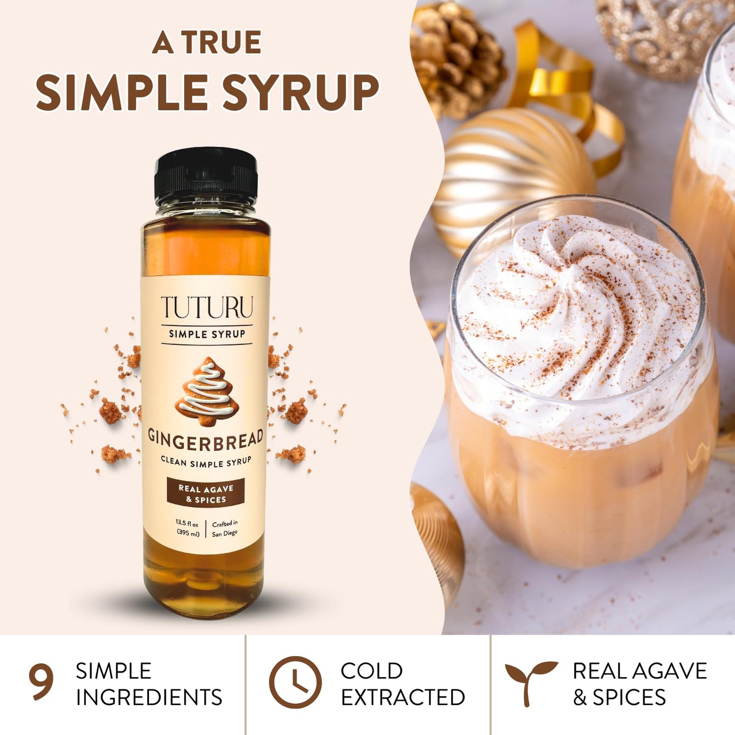 Gingerbread Simple Syrup for Coffee Cocktails Matcha - Sweetened with Agave Nectar - Infused with Real Gingerbread Spices - 13.5 oz