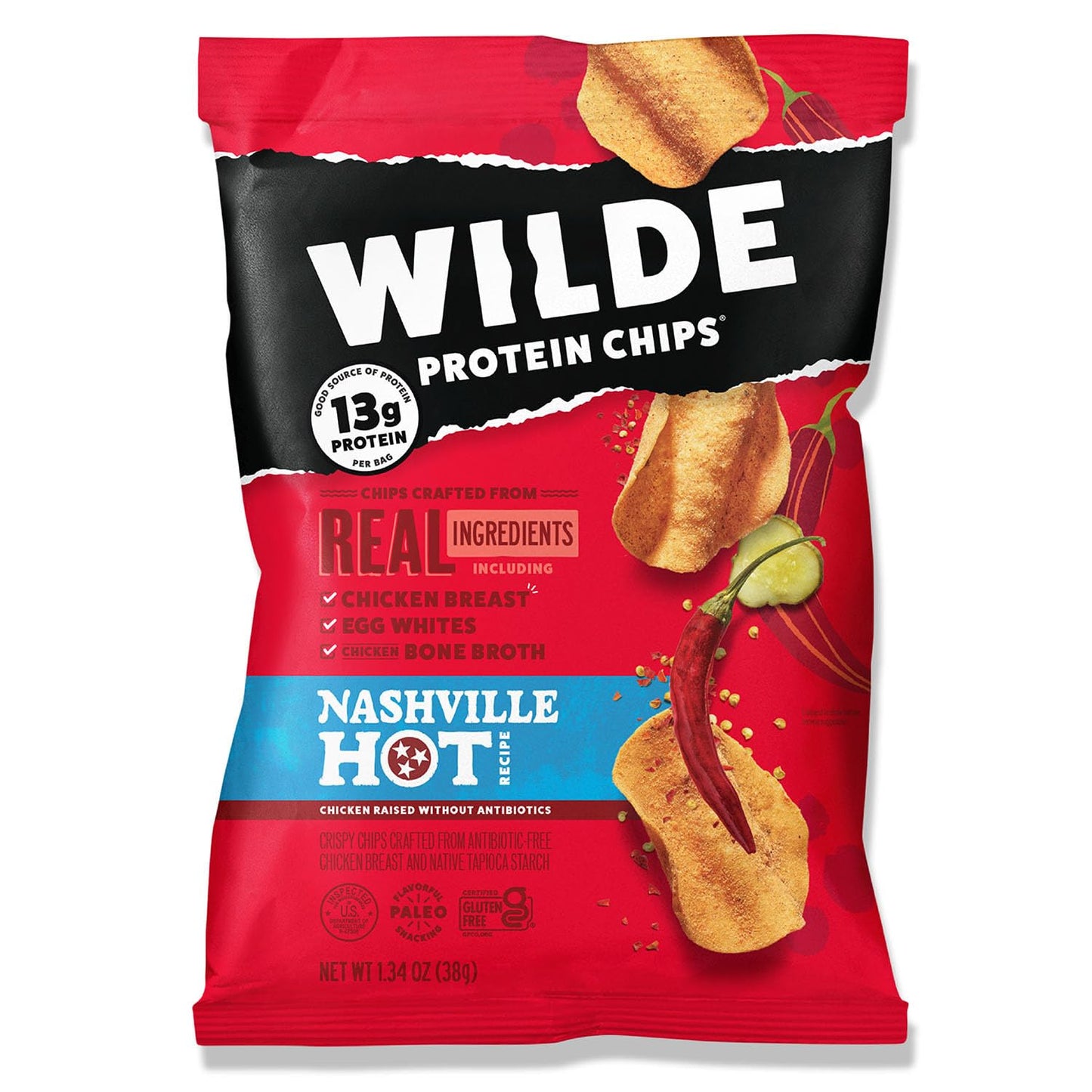 WILDE Protein Chips Nashville Hot, Thin and Crispy High Protein Snacks, Keto Friendly, Low Carb Chips, Real Ingredients, 1.34 Ou