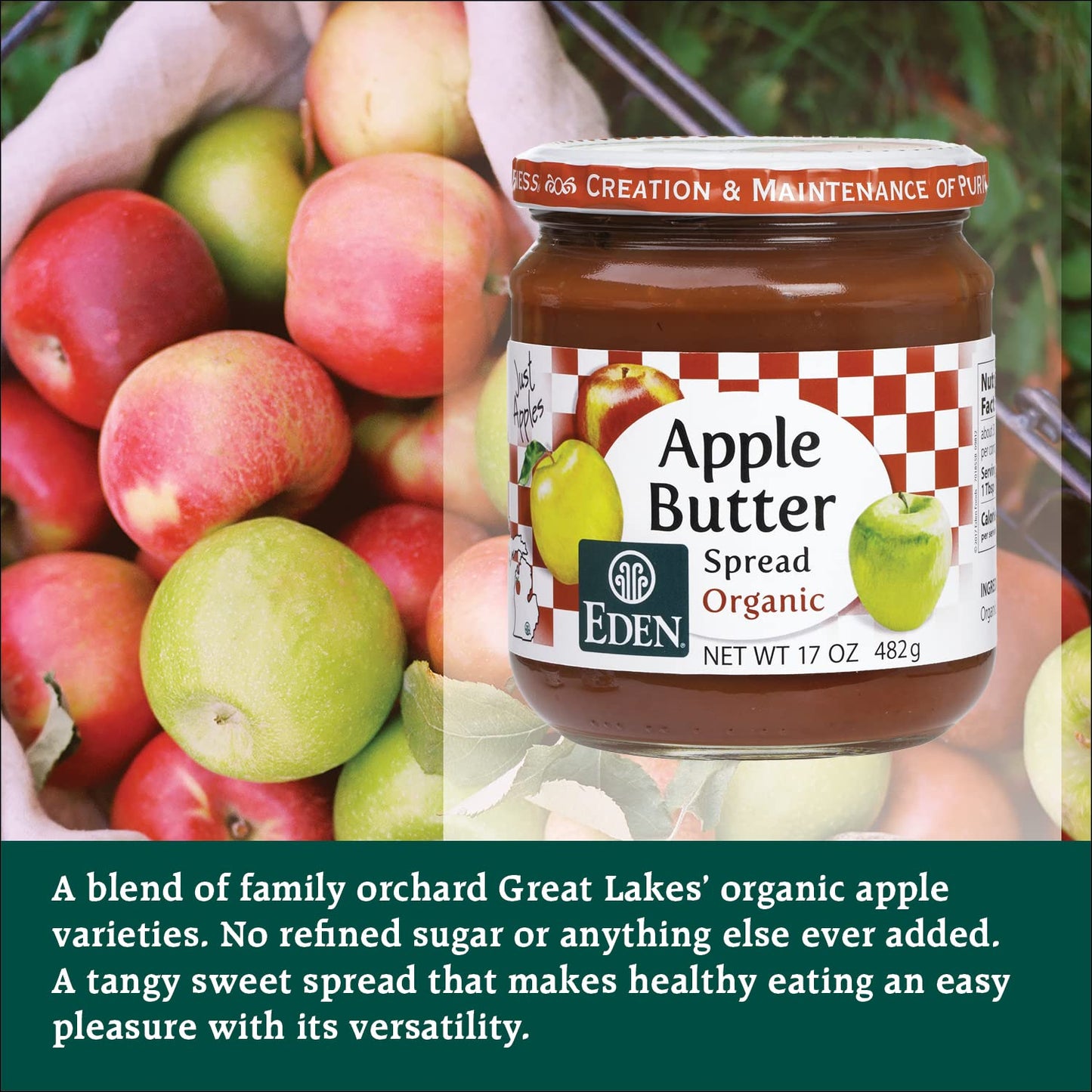 Eden Organic Apple Butter Spread, No Sugar Added, Great Lakes Apples, Slow Kettle Simmered, 17 Oz Glass Jar