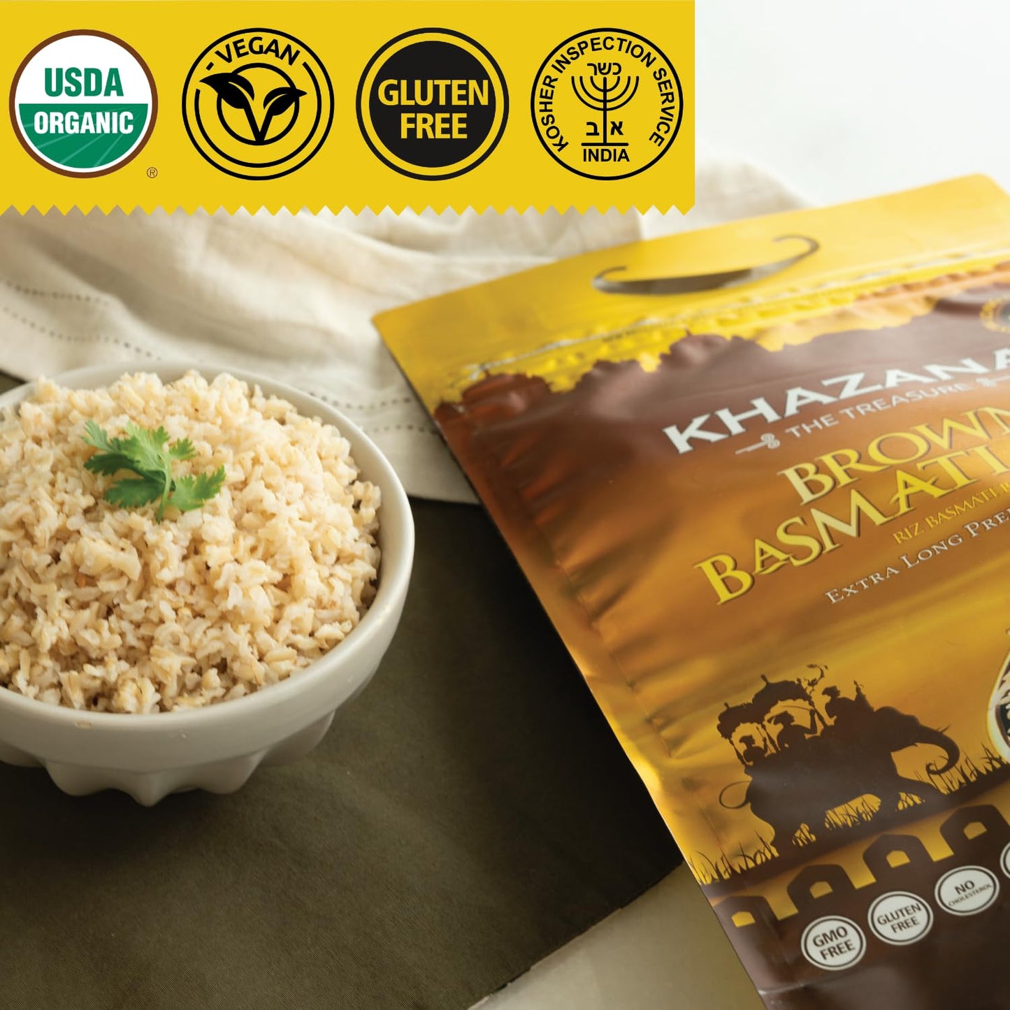 Authentic Brown Basmati Rice By Khazana In 10 Lb Bag - Aromatic And Flavorful Indian Grain - Non-Gmo, Gluten Free, Kosher, Chole