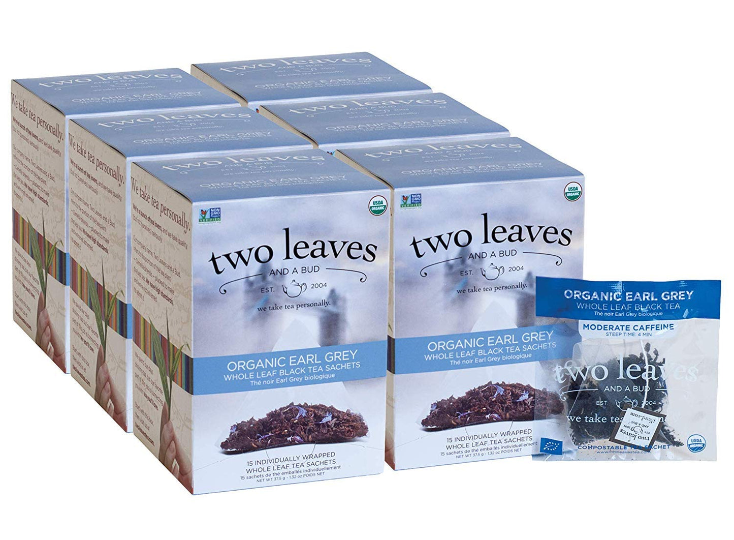 Two Leaves And A Bud Organic Earl Grey Tea Bags, Whole Leaf Caffeinated Black Tea In Compostable Sachets, Caffeinated Black Tea