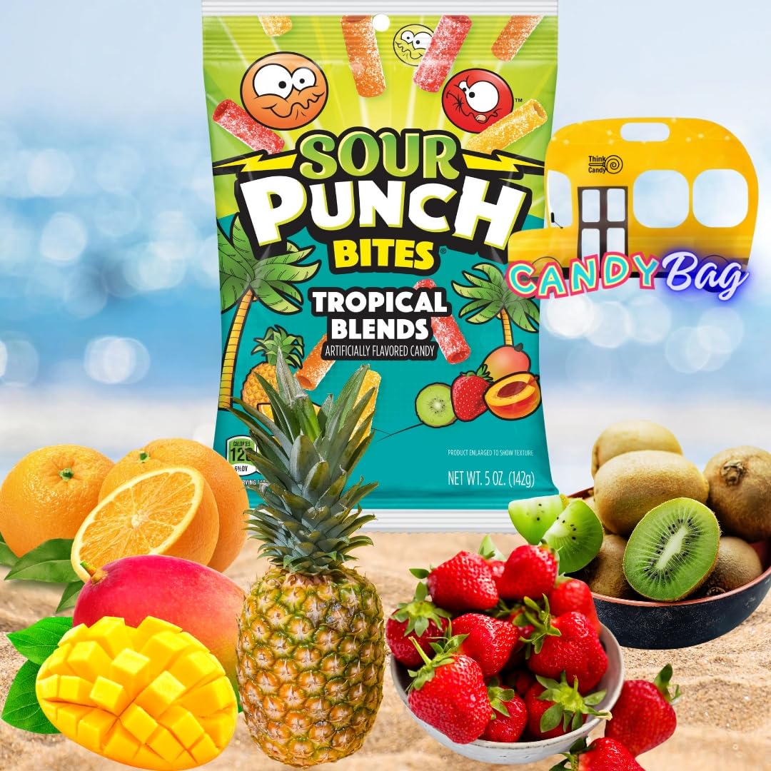 (Pack Of 3) Sour Punch Bites Straws 5Oz Each Bag - Unique Variety Pack Rad Reds, Blue Raspberry, Tropical Blends - Blue Raspberr