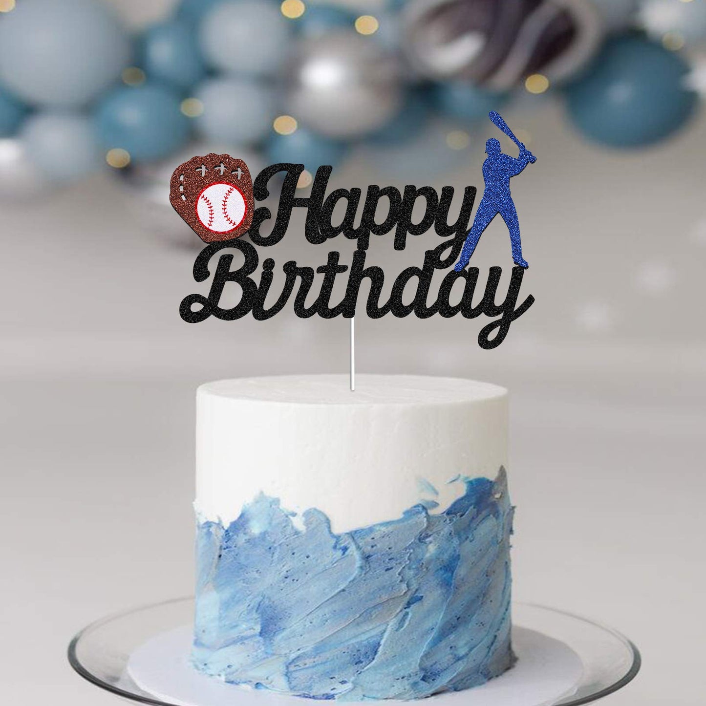 Baseball Theme Cake Topper - Happy Birthday Cake Topper For Birthday/Baseball/Sports Party Theme Decoration (Black Glitter)