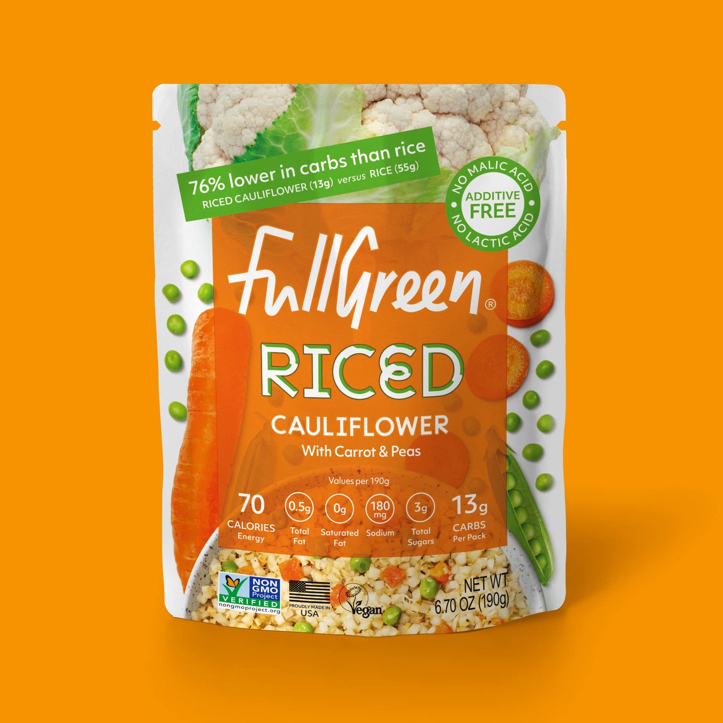Fullgreen Riced Cauliflower With Carrots And Peas, Non-Gmo, No Preservatives, Shelf-Stable - Exclusive Keto Take Home Case Of 6