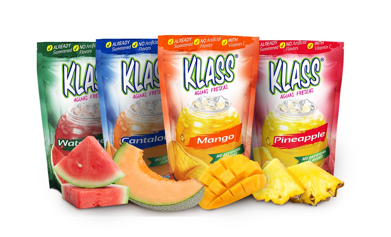 Klass Aguas Frescas | Drink Mix Tropical Variety Pack | Watermelon, Cantaloupe, Mango & Pineapple Drinks Flavors | From Natural Sources, No Artificial Flavors, With Vitamin C (Makes 7 To 9 Quarts) 14.1 Oz Family Pack (4-Pack)