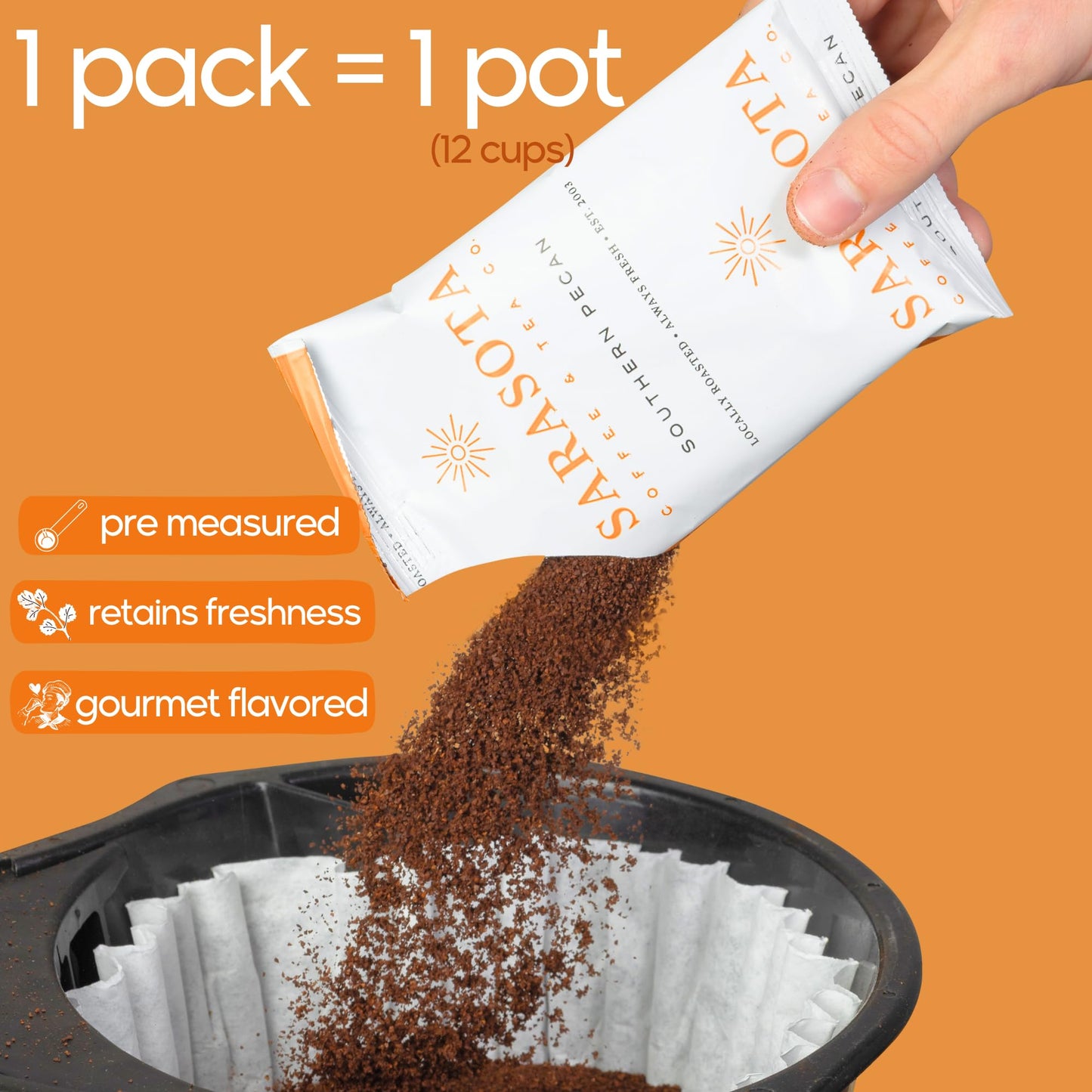SARASOTA COFFEE Pre Ground Coffee Packets, Southern Pecan Medium Roast, Bulk 2 oz Bags, Pack of 36
