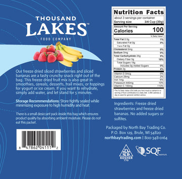 Thousand Lakes Freeze Dried Fruit - Strawberries and Bananas - 3 oz | No Sugar Added | 100% Fruit | Sliced for Snacking