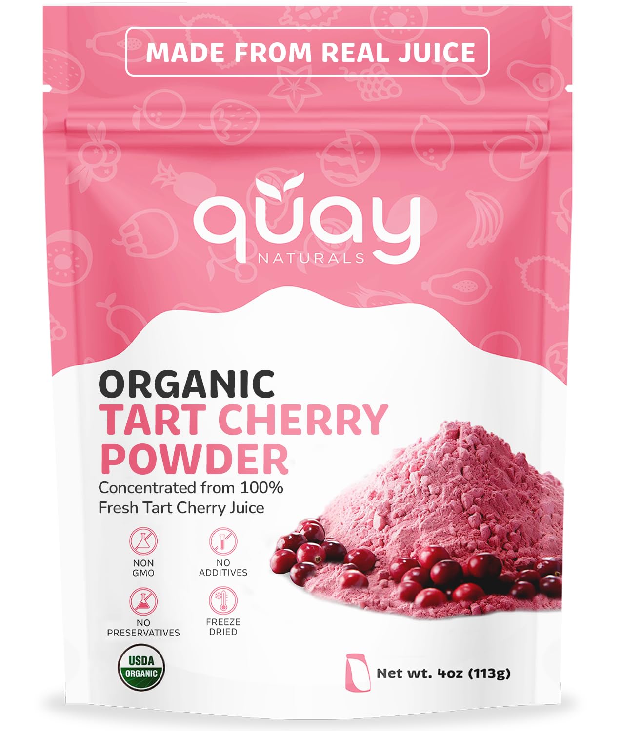 Quay Naturals Organic Tart Cherry Powder 4Oz | Made From Us-Sourced Cherries | Usda Organic Non-Gmo Freeze-Dried No Additives | Great For Smoothies & Baking