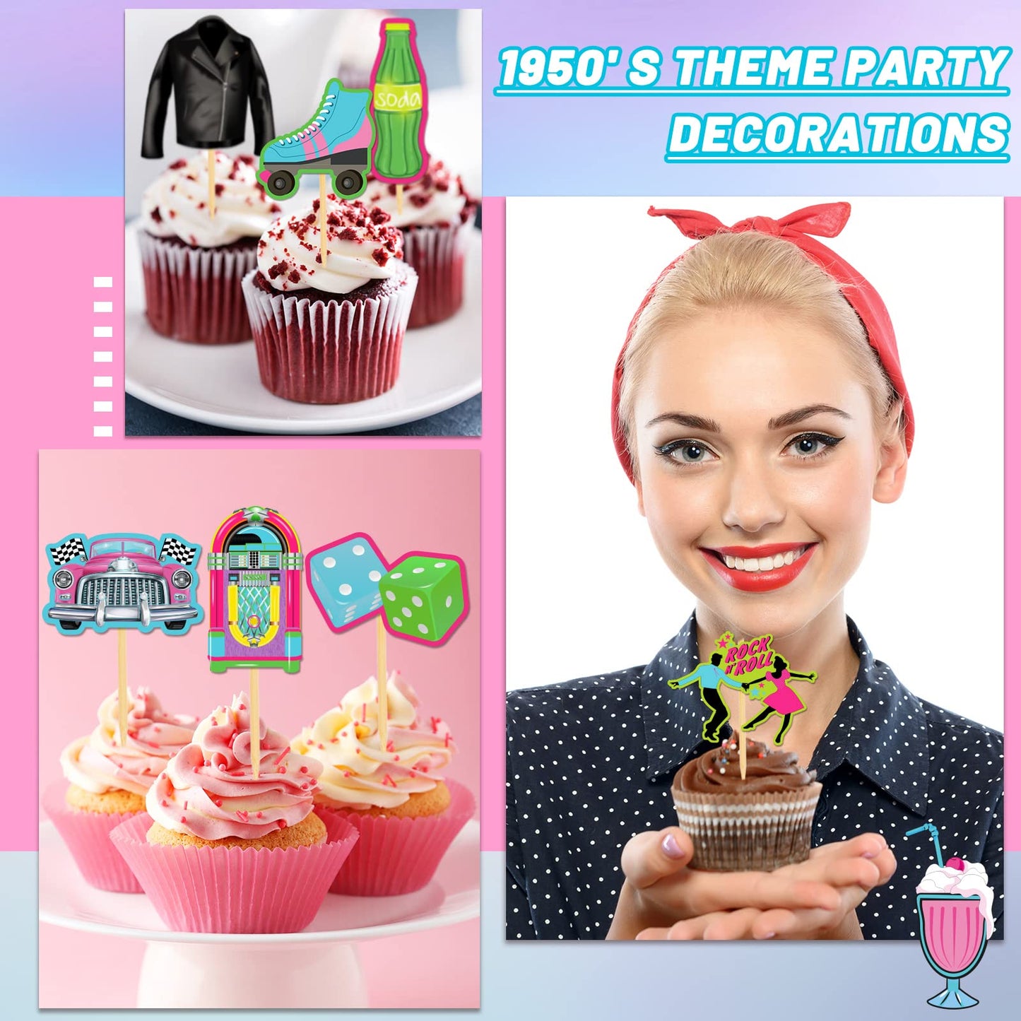 Jecery 45 Pieces 1950S Cupcake Topper Rock And Roll Music Party Decorations 50S Music Soda Shop Cake Decoration For Retro 50'S 6
